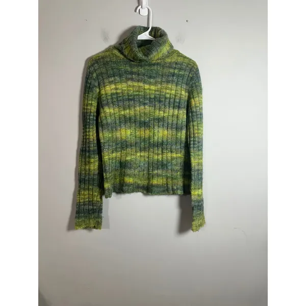 DKNY Jeans Women Green Space Dye Ribbed Turtleneck Sweater Y2K Wool Blend Medium - Image 2