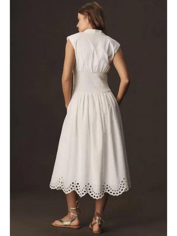 NWT Anthropologie Tommie Zip-Front Midi in White Eyelet-Trim Edition Dress S - Image 3