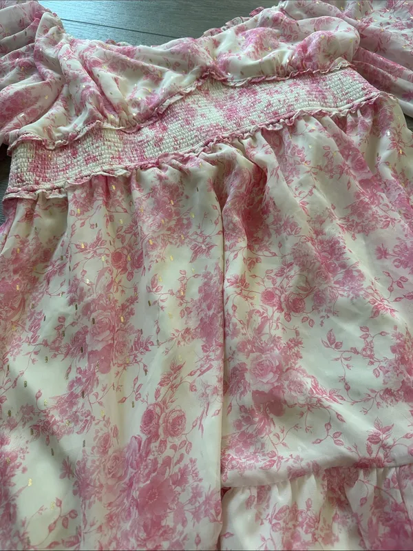 Arula Denali Floral printed Dress pink white and gold long sheer sleeves size 1X - Image 3