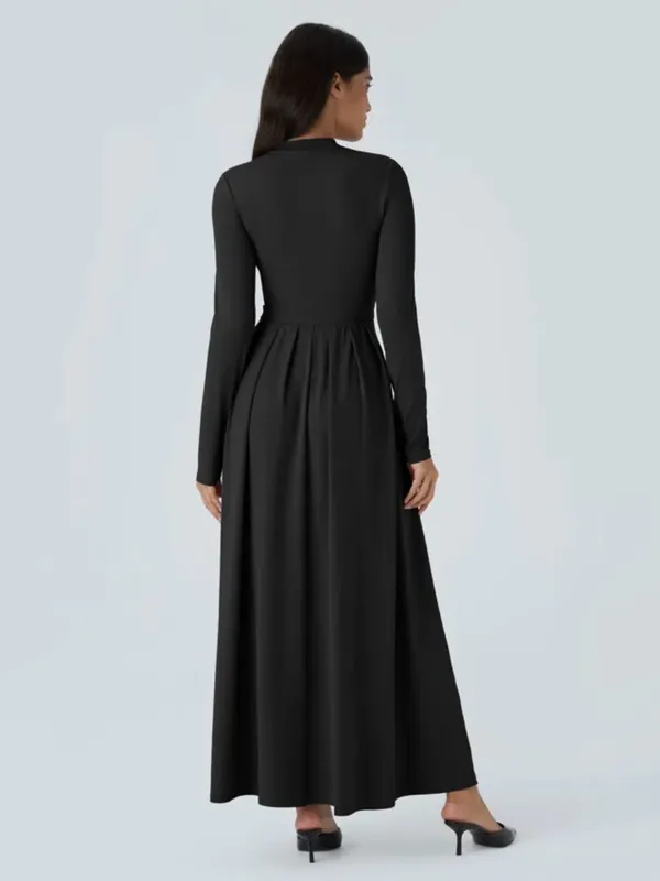 HALARA Black Mock Neck Long-Sleeve Flare Maxi Dress Pocket & Waist Detail XS - Image 2