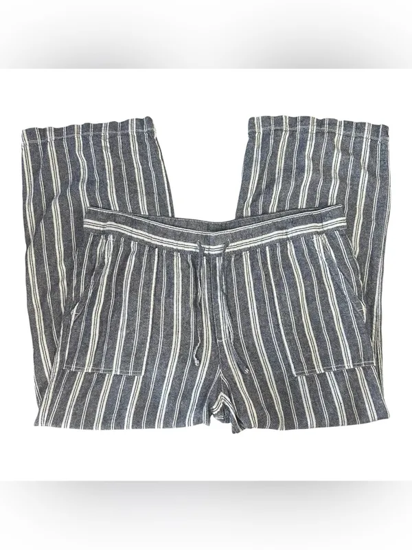 GAP Blue and White Vertical Stripe Wide-Leg Drawstring Linen Pants - Image 4