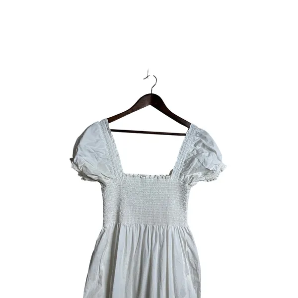 O.P.T Daphne Smocked Square Neck Puff Sleeve Cotton Dress size L Midi White - Image 4