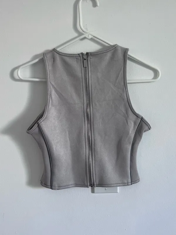 Maniere De Voir Gray Structured Crop Top Corset Y2K Moto Contrast Stitch - Image 4
