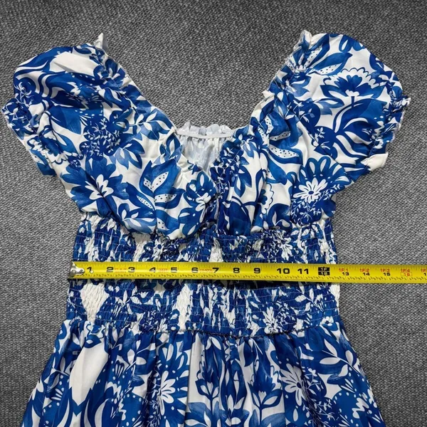 Blue White Floral Smocked Puff Sleeve Maxi Dress Size M - Image 5