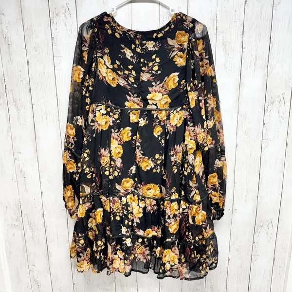 Blue‎ Rain Dress Women Size Large Floral Ruffle Smocked Long Sleeve Swing Mini - Image 8