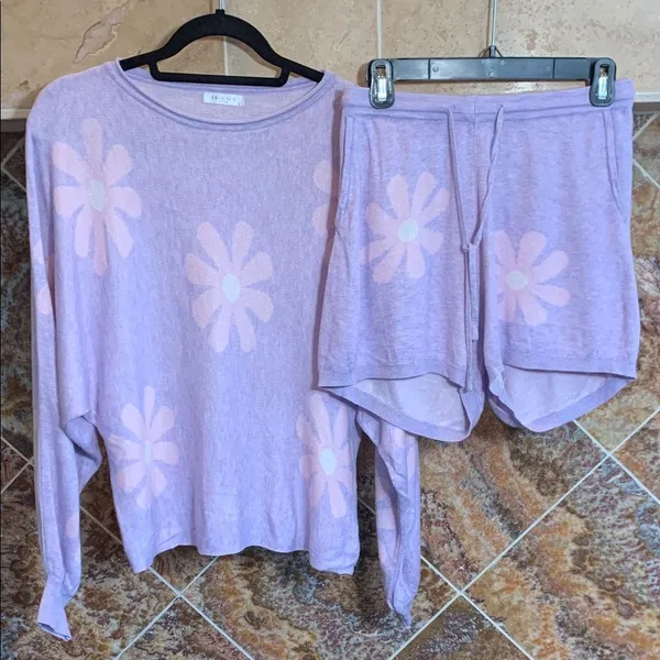 Ekouaer Purple Floral Knit Lounge Set Long Sleeve Top Shorts 2-Piece Medium - Image 2