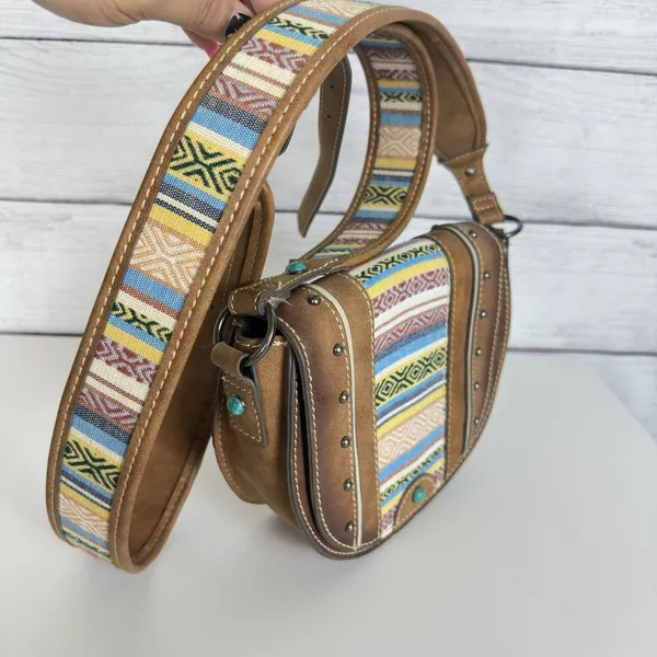 Tony Lama Woven Accent Colorful SaddleBag Leather Southwestern Crossbody‎ Purse - Image 2