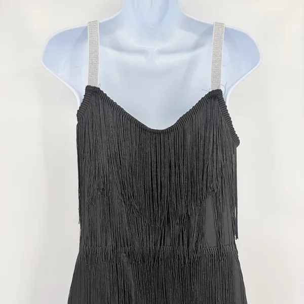 Black Flapper Fringe Dress Sz S Silver straps Party Gatsby Roaring 20s Tiered - Image 7
