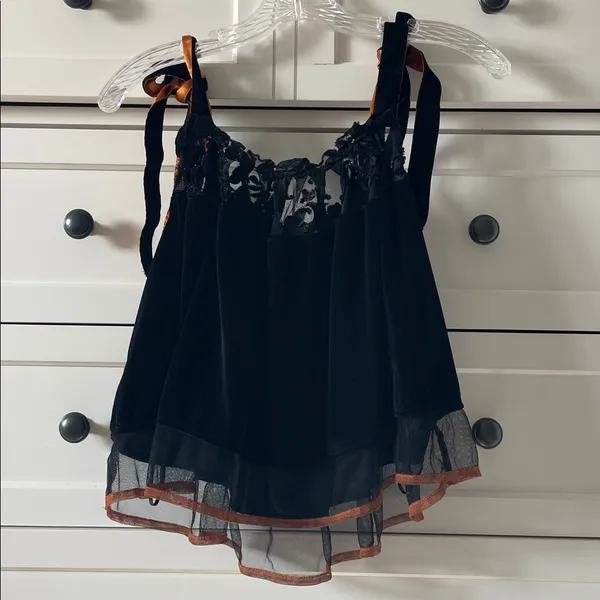 Free People Women’s Black Velvet Lace Trim Babydoll Orange Ribbon Straps - Small - Image 6