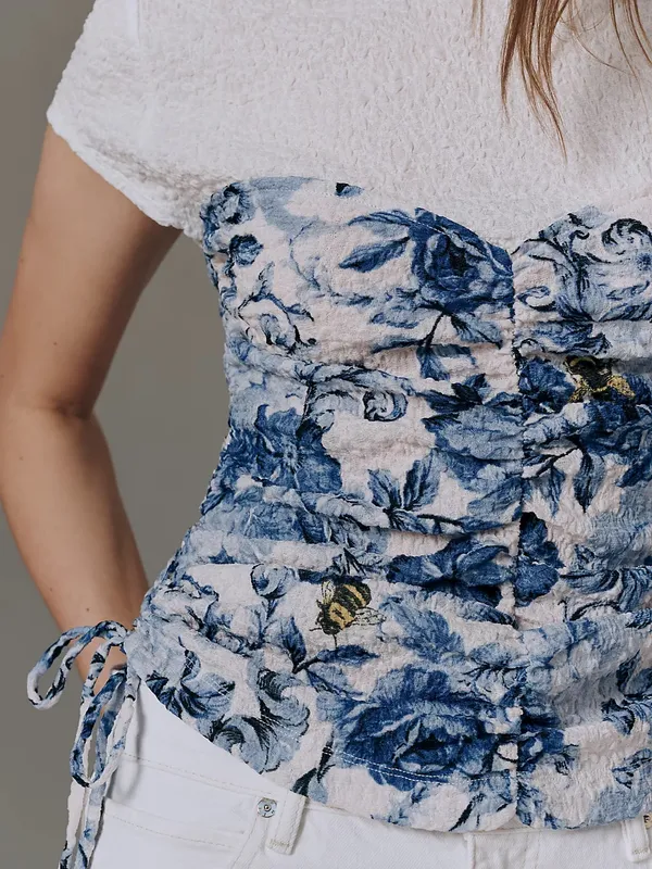 Anthropologie White Tee with Blue Floral Corset Detail - Image 3