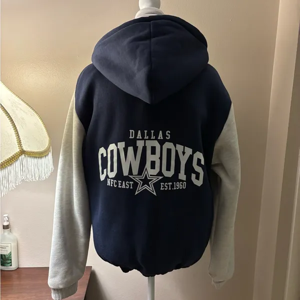 Cowboys Navy and Gray Full Zip Jacket Drawstring Hoodie Size M - Image 6