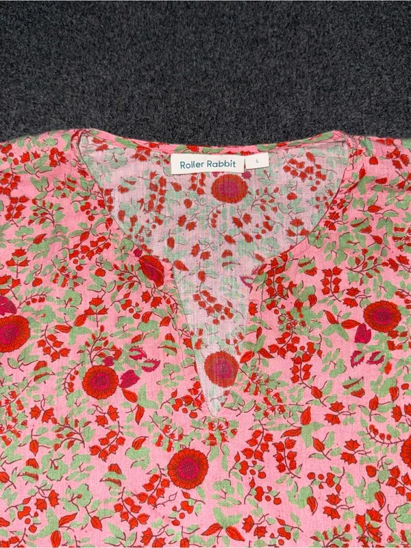 Roller Rabbit Rhody Kurta Tunic Womens Small Floral Pink Green Dress Top V Neck - Image 4