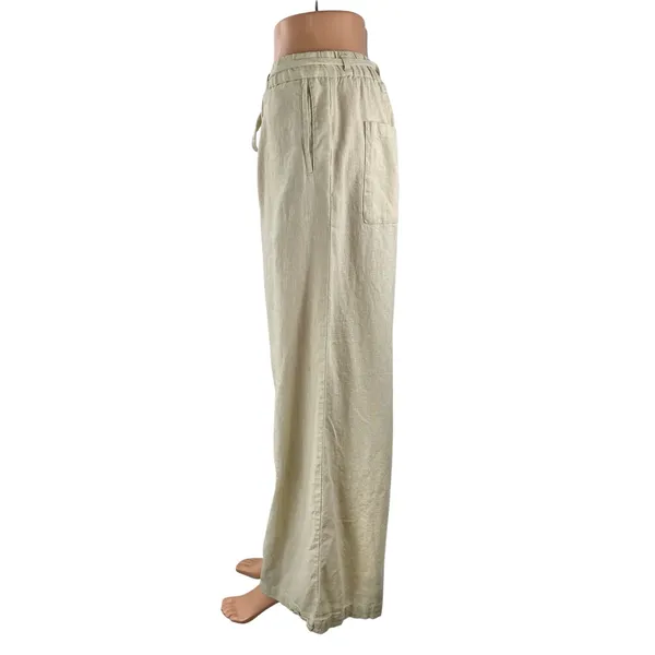 Zara Women's Beige Linen Drawstring Pleated Wide Leg Baggy Trousers Pants Size S - Image 3