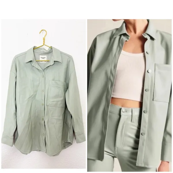 Abercrombie & Fitch Vegan Leather Oversized Shirt-Jacket Size Large Mint Shacket - Image 2
