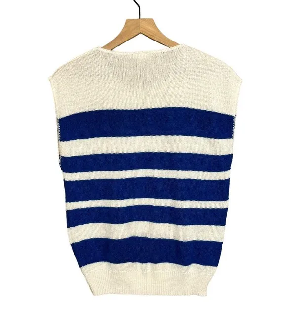 Sweater Bazaar Vintage 80s Blue & White Striped Heart Sleeveless Sweater Tee - Image 6
