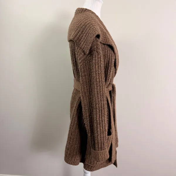 Free People Taffy Brown Waffle Knit Belted Cardigan Sweater Wool Alpaca Medium - Image 4