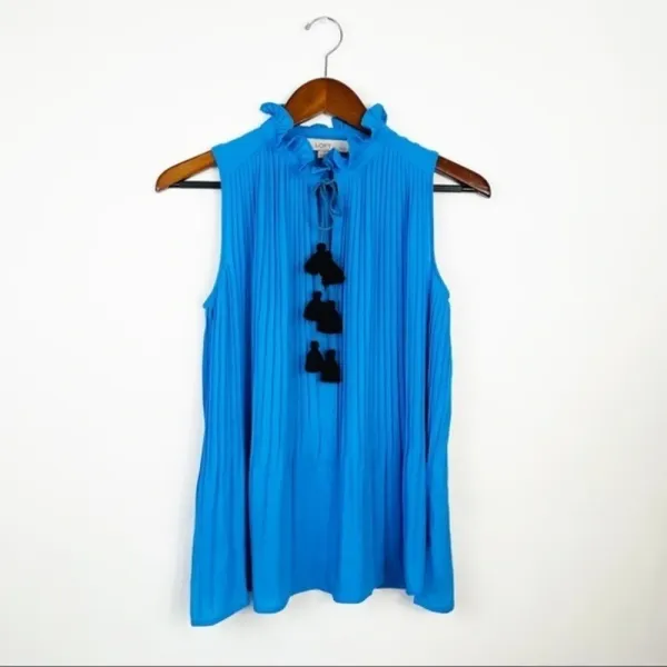ANN‎ TAYLOR Loft Blue Pleated Sleeveless Blouse PS - Image 2