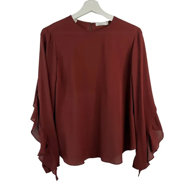 ALC Frank Size 4 Silk Blouse Open Back Ruffle Sleeve Burgundy Elegant Evening Top - Image 3