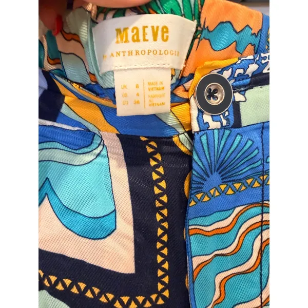 Maeve Anthropologie Sunshine Wide-Leg Pants Blue Tropical Scarf Print Size 4 - Image 6