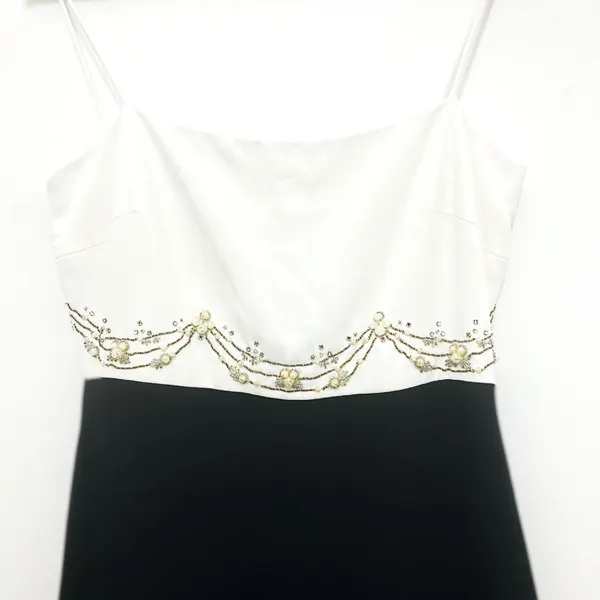 Badgley Mischka Formal Gown 10 Black White Beaded Silk Pearl High Low Maxi - Image 9