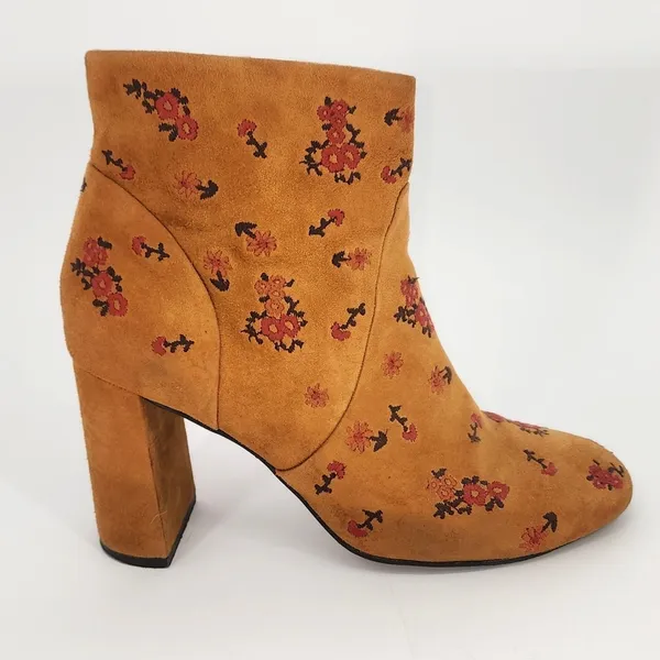 Bocage Cognac Suede Floral Embroidered Ankle Booties Block Heel EU 40 (US 9) - Image 14