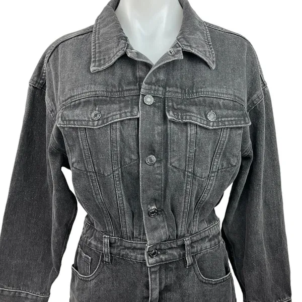 FORE Black Denim Button Up Collared Long Sleeve Jean Chambray Mini Dress Sz M - Image 3