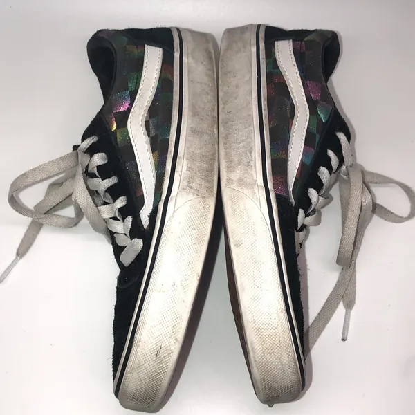 Women's Vans Black Suede Iridescent Checkerboard Size 7.5 Low Top Skater Lace Up - Image 6