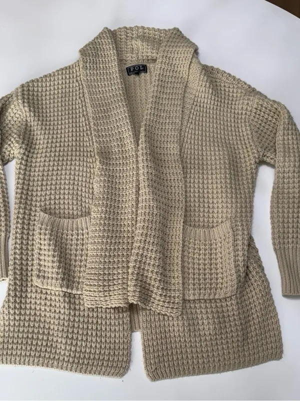 POL Anthropologie Waffle-Knit Shawl Collar Cardigan - Cream Beige size Small - Image 2