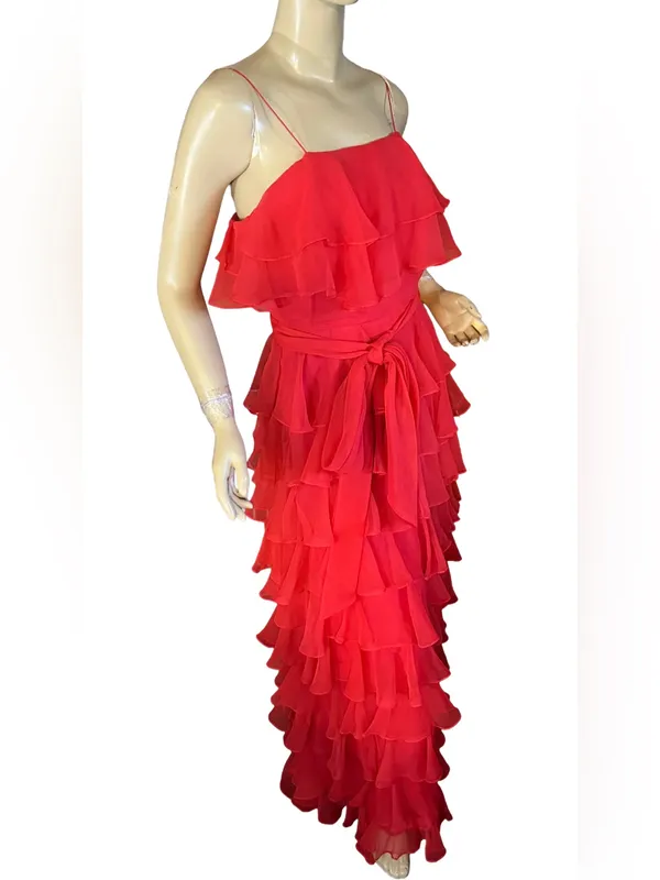 Vintage 1970'S Red Chiffon Tiered Ruffle Miss Elliette California Maxi Dress (S) - Image 5