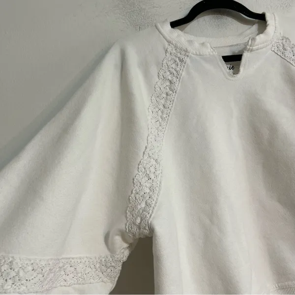 Aerie Hey Crochet Lace Trim Notch Neck Sweatshirt White Small - Image 5
