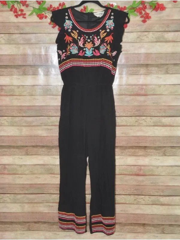 Savanna Jane M Black Embroidered Jumpsuit Boho Western Floral Wide Leg Rayon - Image 2