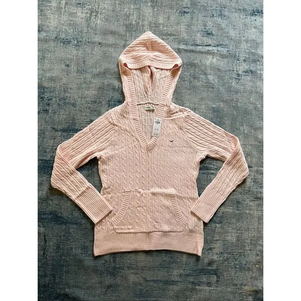NWT! Hollister Pink Cable Knit V Neck Hoodie Sweater XL - Image 2