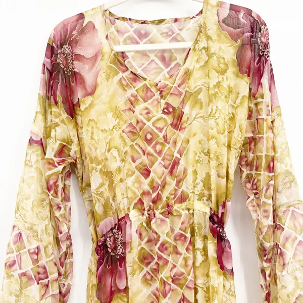 Womens Y2K Sheer Floral Boho Fairycore Ren Faire Ethereal Bell Sleeve Dress OS - Image 3