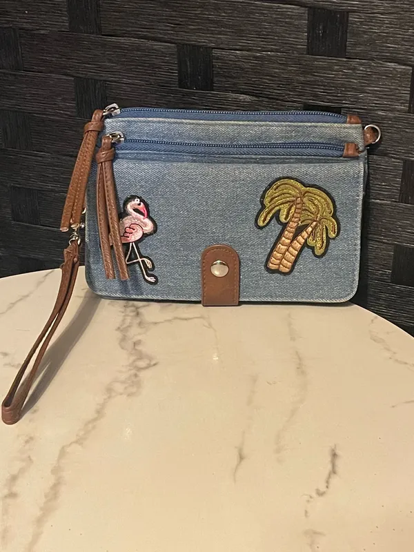 Vtg 1990's DENIM CLUTCH BAG BEACH THEME UNBRANDED FLAMINGO/PALM TREE - Image 2