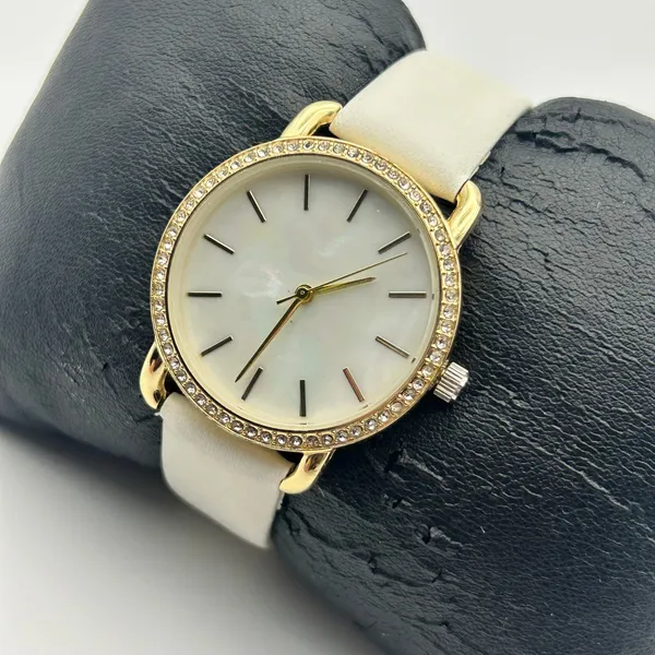 Women’s Gold-tone Crystal Bezel Mother Pearl Dial White Band Minimalist Watch - Image 2
