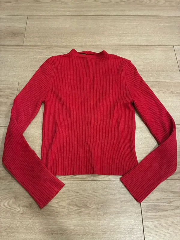 By Anthropologie Women’s V-neck Strappy Cardigan Sweater Red Ribbed Size S - Image 7