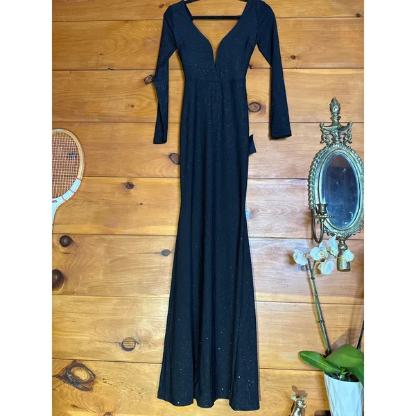 NWT Lulus Glamorous in Glitter Black Long Sleeve Backless Maxi Dress Gala Sz XS - Image 3