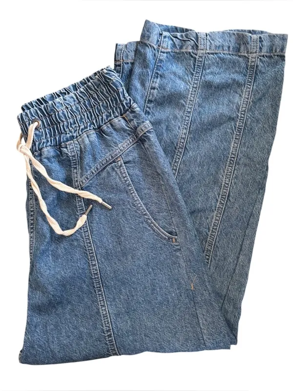 We The Free Arcadia Denim Harem Pants Jeans Blue Sz M Drawstring Relaxed Baggy - Image 2
