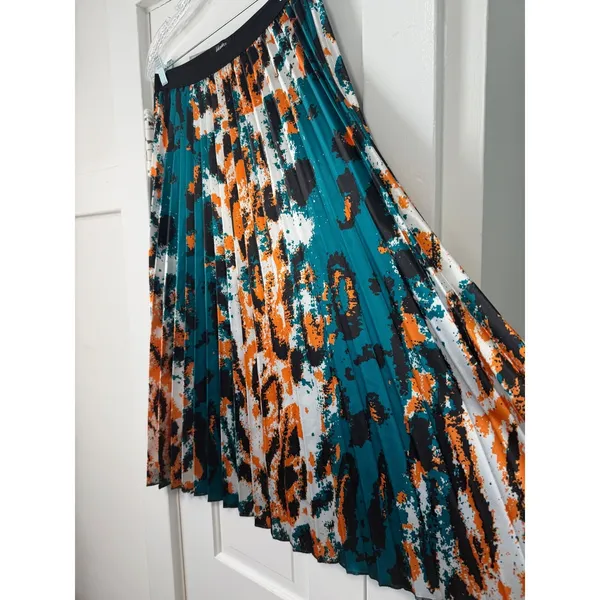 Kosmios Women Teal Orange Abstract Digital Print Pleated Midi Skirt TC5226 Large - Image 5