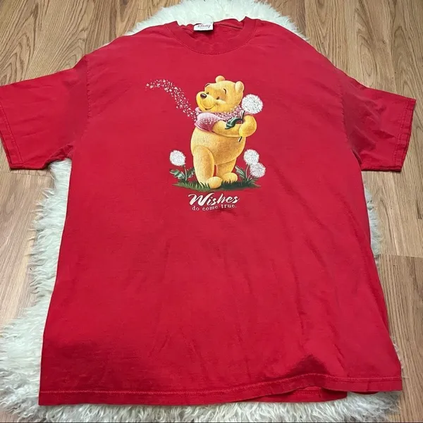 Vintage Y2K Disney Red Winnie the Pooh Wishes Do Come True Dandelion T-shirt L - Image 2