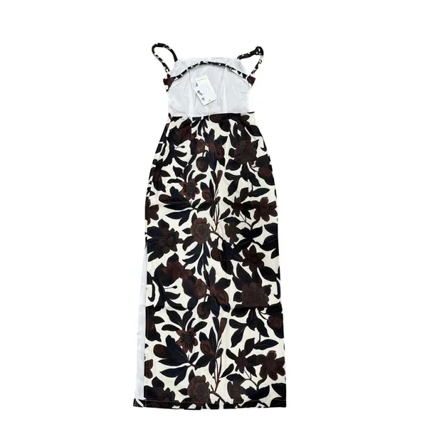 Commense Backless Elegant Print Split Zipper Romantic Maxi Dress XL Brown - Image 4