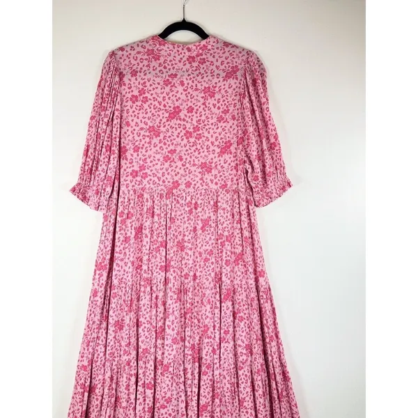 Karlie Womens Dress Pink Floral Ditsy Midi Tiered A Line Cottagecore Boho Small - Image 7