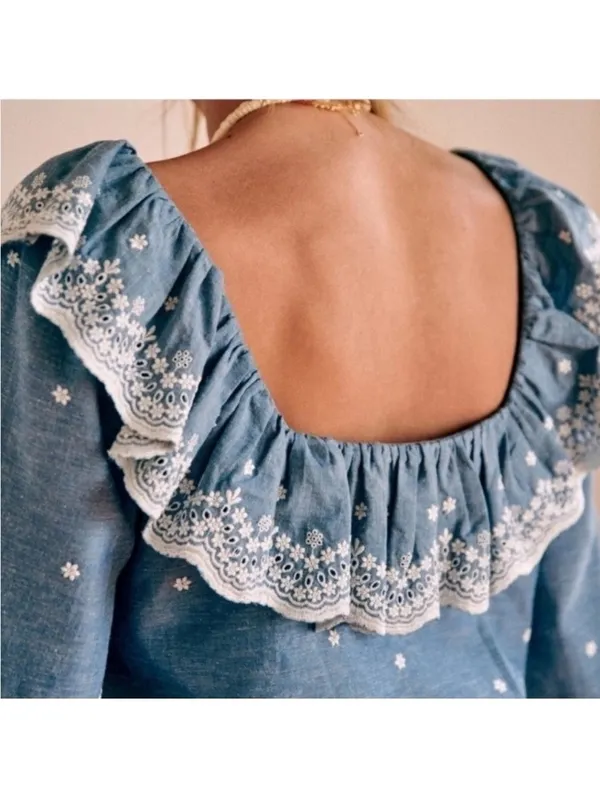Sézane Embroidered Francesca Blouse Blue Chambray Women’s size 36 US 4 Small - Image 12
