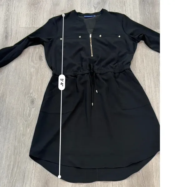 Apt. 9 Black Utility Shirt Dress Gold Zip Cinch Waist Long Sleeve Office Chic L - Image 10