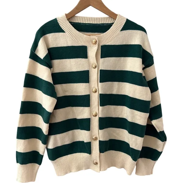 Long Sleeve Crew Neck Button Up Striped Sweater Cardigan Green White Size Large - Image 2