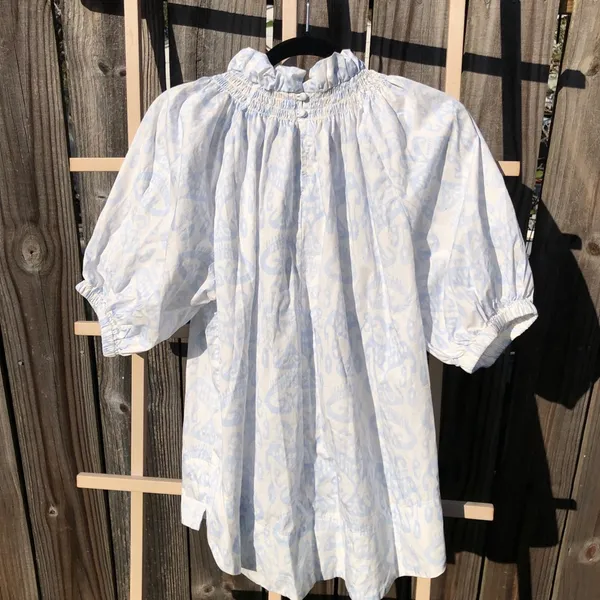 Toss Designs Cotton Puff Sleeve White/Blue Print Blouse Top One Size - Image 10