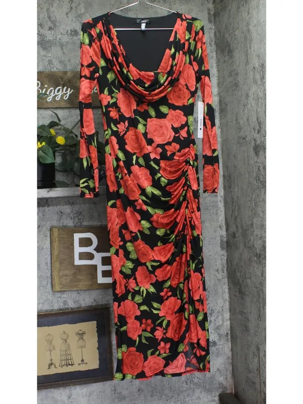 NWT Aqua Womens Knit Rose Jersey Cowl Neck Dress IDO14215 Red / Black L - Image 2
