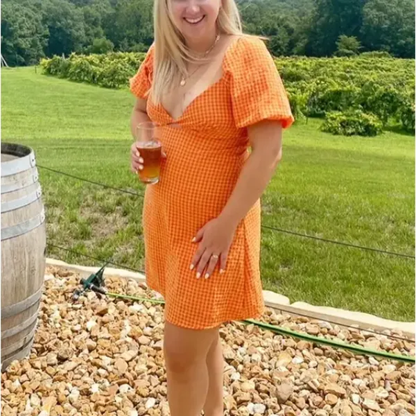 Louna Orange Gingham Mini Dress SMALL Peasant Puff Sleeve Milkmaid Cotton $108 - Image 8