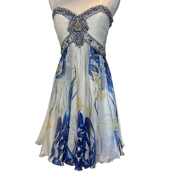 Terani Cocktail Dress 100% Silk Y2K Fairy Beaded Short Sheer Lined Flowy SZ 2 - Image 2
