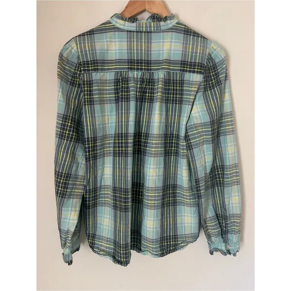 LOFT Plaid Preppy Button Front Ruffle Detail Shirt in Teal Navy Yellow Green M - Image 4